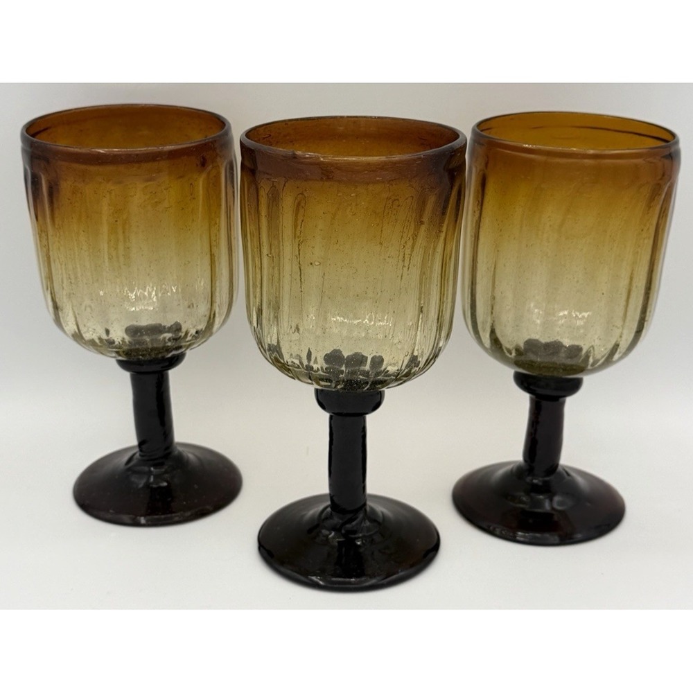 3 Studio Blown Glass Art Wine Glasses Ribbed Goblets Bubble Shades of Brown